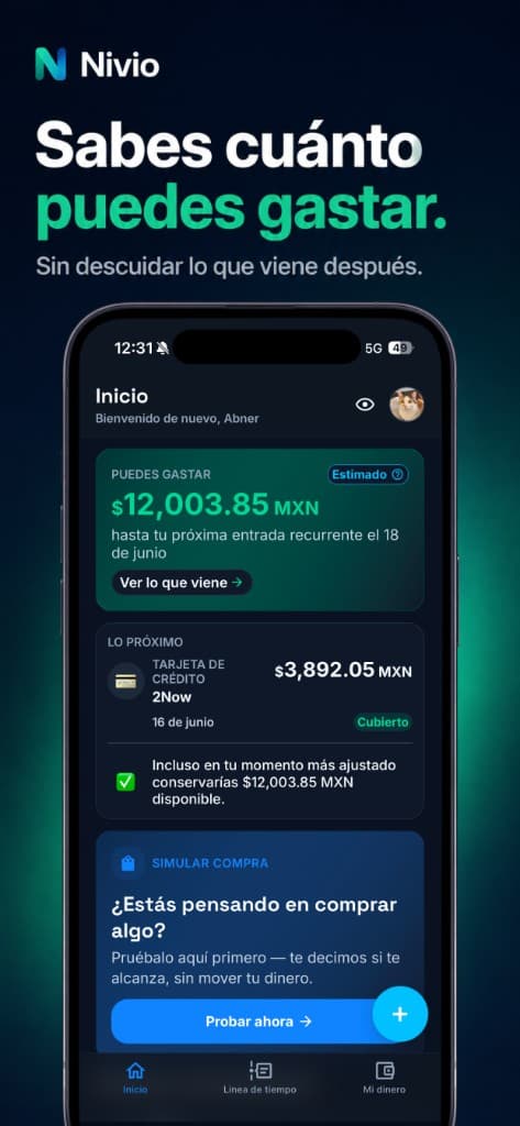Nivio home screen showing Safe to Spend and upcoming credit card payment information.