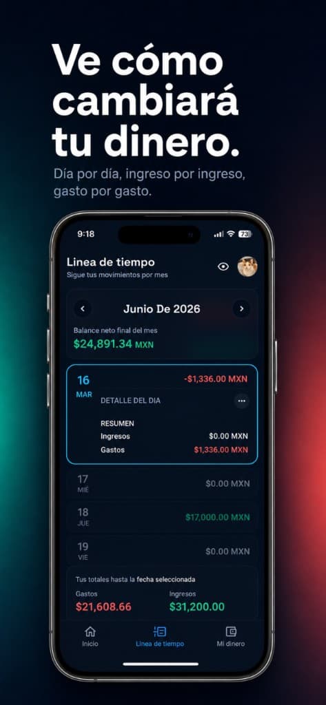 Nivio timeline screen showing income and expenses across days.